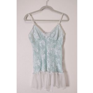 Intimo Donatella Blue White Sheer Mesh Lace Ruffle Short Babydoll Chemise Size M